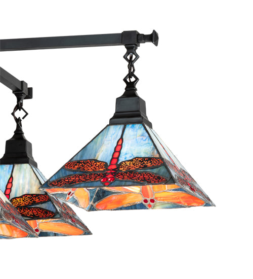 Meyda Lighting Prairie Dragonfly 51"Sq 5-Light Craftsman Brown Chandelier With Orange & Blue Stained Shade Glass