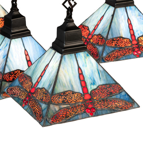 Meyda Lighting Prairie Dragonfly 51"Sq 5-Light Craftsman Brown Chandelier With Orange & Blue Stained Shade Glass