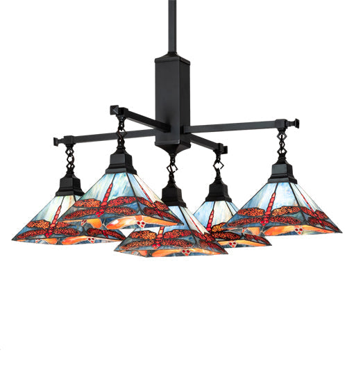 Meyda Lighting Prairie Dragonfly 51"Sq 5-Light Craftsman Brown Chandelier With Orange & Blue Stained Shade Glass