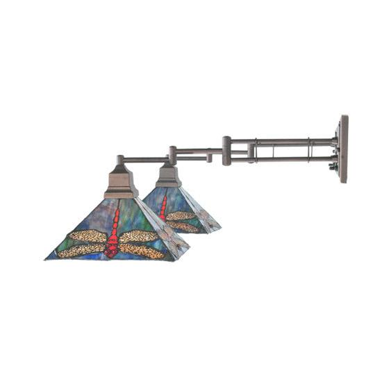 Meyda Lighting Prairie Dragonfly 55" 2-Light Mahogany Bronze Swing Arm Wall Sconce With Multi-Colored Shade Glass