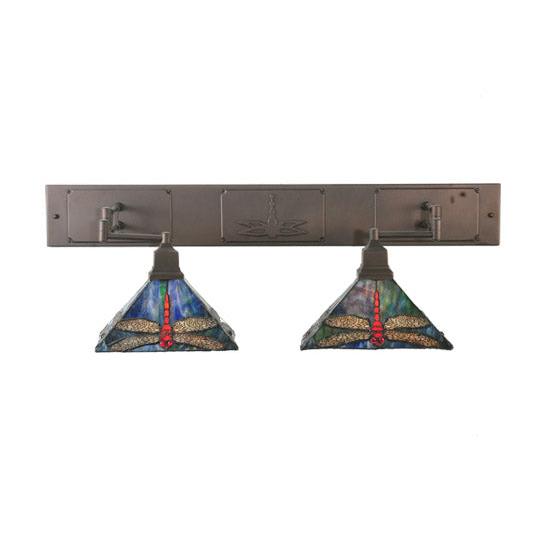 Meyda Lighting Prairie Dragonfly 55" 2-Light Mahogany Bronze Swing Arm Wall Sconce With Multi-Colored Shade Glass