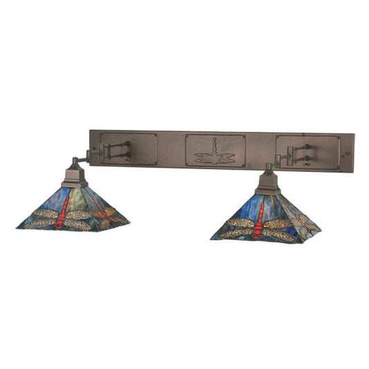 Meyda Lighting Prairie Dragonfly 55" 2-Light Mahogany Bronze Swing Arm Wall Sconce With Multi-Colored Shade Glass
