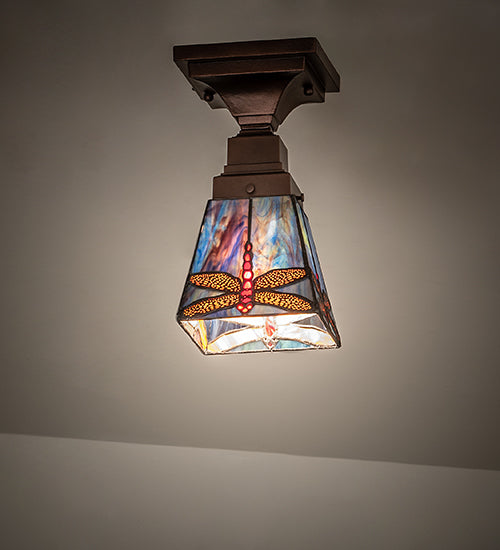 Meyda Lighting Prairie Dragonfly 7" Mahogany Bronze Flush Mount Light With Multi-Colored Shade Glass