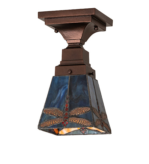 Meyda Lighting Prairie Dragonfly 7" Mahogany Bronze Flush Mount Light With Multi-Colored Shade Glass