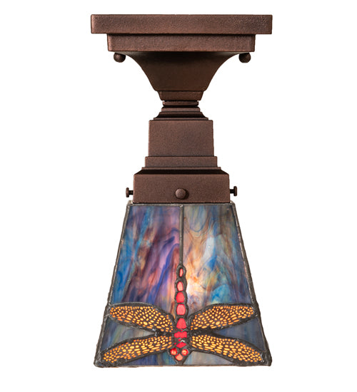 Meyda Lighting Prairie Dragonfly 7" Mahogany Bronze Flush Mount Light With Multi-Colored Shade Glass