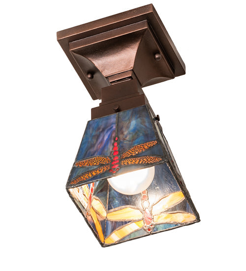 Meyda Lighting Prairie Dragonfly 7" Mahogany Bronze Flush Mount Light With Multi-Colored Shade Glass