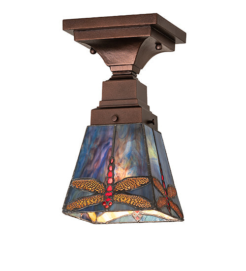 Meyda Lighting Prairie Dragonfly 7" Mahogany Bronze Flush Mount Light With Multi-Colored Shade Glass