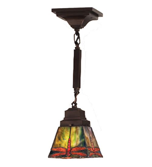 Meyda Lighting Prairie Dragonfly 7" Mahogany Bronze Mini Pendant Light With Multi-Colored Stained Shade Glass