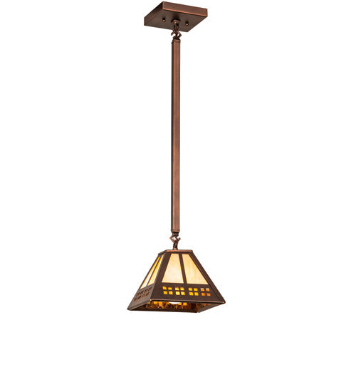 Meyda Lighting Prairie Loft 11" Coffee Cinnamon Metallic Mini Pendant Light With Beige Iridescent & Amber Mica Shade Glass