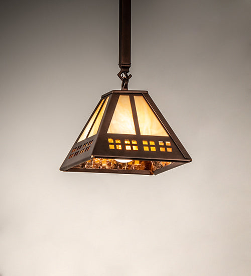 Meyda Lighting Prairie Loft 11" Coffee Cinnamon Metallic Mini Pendant Light With Beige Iridescent & Amber Mica Shade Glass