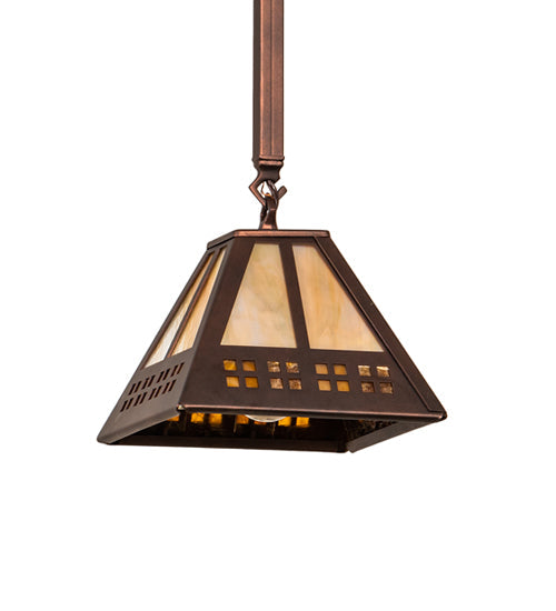 Meyda Lighting Prairie Loft 11" Coffee Cinnamon Metallic Mini Pendant Light With Beige Iridescent & Amber Mica Shade Glass