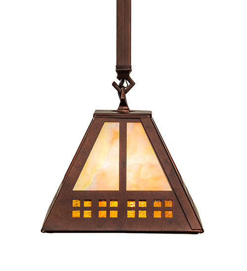 Meyda Lighting Prairie Loft 11" Coffee Cinnamon Metallic Mini Pendant Light With Beige Iridescent & Amber Mica Shade Glass