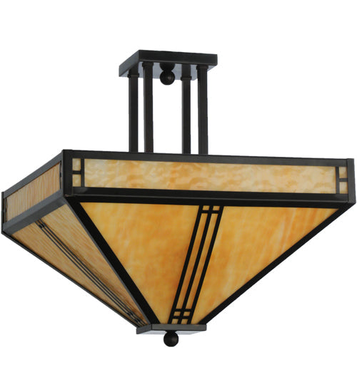 Meyda Lighting Prairie Loft 26" 4-Light Oil Rubbed Bronze Semi-flush Mount Ceiling Light With Beige Art Shade Glass
