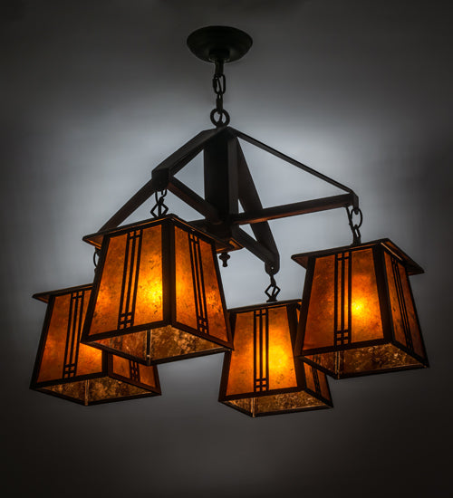 Meyda Lighting Prairie Loft 28" 4-Light Mahogany Bronze Chandelier With Amber Mica Shade Glass
