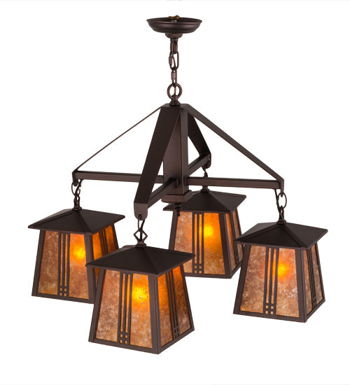 Meyda Lighting Prairie Loft 28" 4-Light Mahogany Bronze Chandelier With Amber Mica Shade Glass
