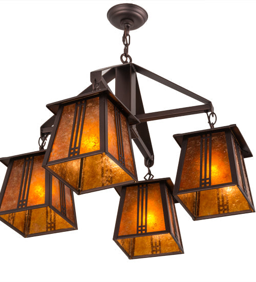 Meyda Lighting Prairie Loft 28" 4-Light Mahogany Bronze Chandelier With Amber Mica Shade Glass