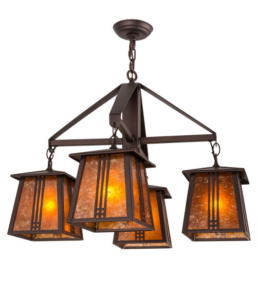 Meyda Lighting Prairie Loft 28" 4-Light Mahogany Bronze Chandelier With Amber Mica Shade Glass