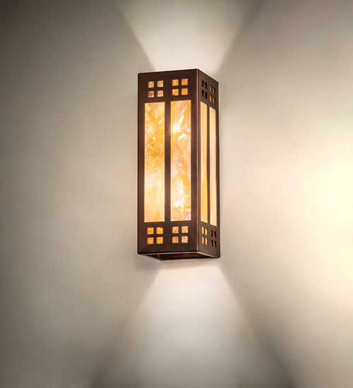 Meyda Lighting Prairie Loft 5" 2-Light Coffee Cinnamon Metallic Wall Sconce With Beige Iridescent & Amber Mica Shade Glass