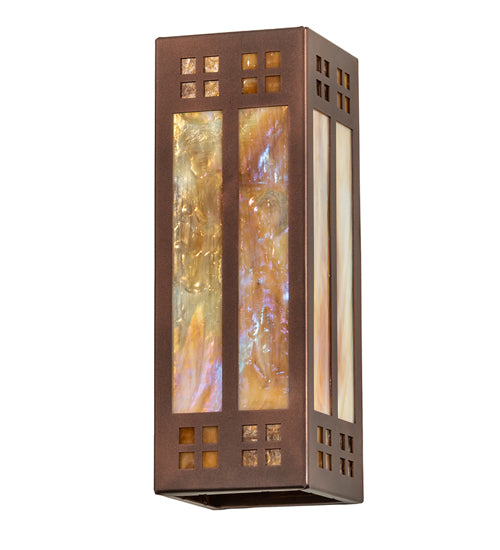 Meyda Lighting Prairie Loft 5" 2-Light Coffee Cinnamon Metallic Wall Sconce With Beige Iridescent & Amber Mica Shade Glass