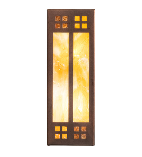 Meyda Lighting Prairie Loft 5" 2-Light Coffee Cinnamon Metallic Wall Sconce With Beige Iridescent & Amber Mica Shade Glass