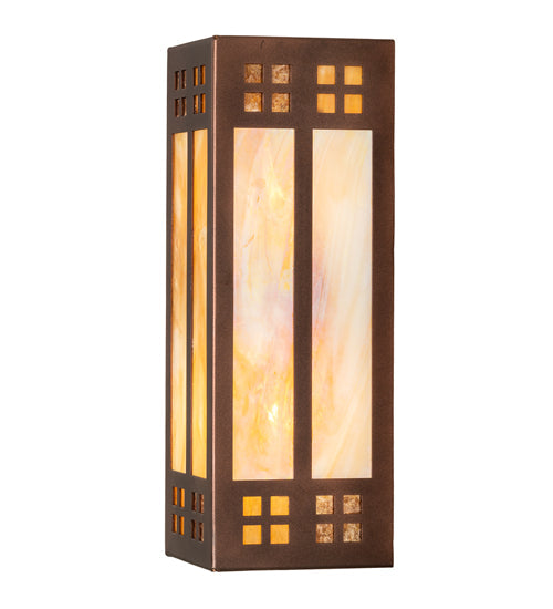 Meyda Lighting Prairie Loft 5" 2-Light Coffee Cinnamon Metallic Wall Sconce With Beige Iridescent & Amber Mica Shade Glass