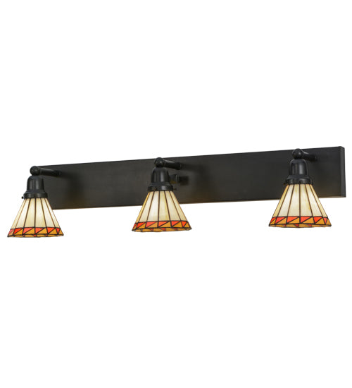 Meyda Lighting Prairie Mission 36" 3-Light Craftsman Brown Vanity Light With Multi-Colored Shade Glass