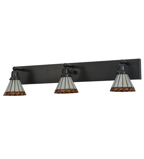 Meyda Lighting Prairie Mission 36" 3-Light Craftsman Brown Vanity Light With Multi-Colored Shade Glass