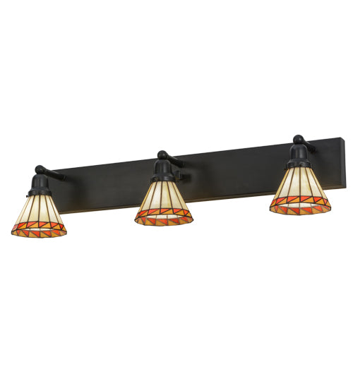 Meyda Lighting Prairie Mission 36" 3-Light Craftsman Brown Vanity Light With Multi-Colored Shade Glass