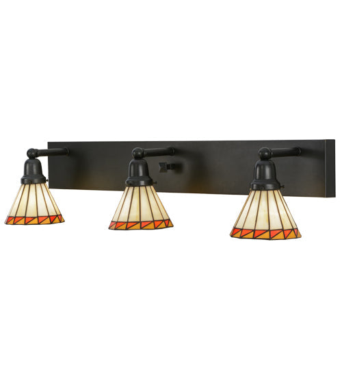 Meyda Lighting Prairie Mission 36" 3-Light Craftsman Brown Vanity Light With Multi-Colored Shade Glass