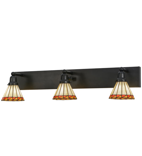 Meyda Lighting Prairie Mission 36" 3-Light Craftsman Brown Vanity Light With Multi-Colored Shade Glass