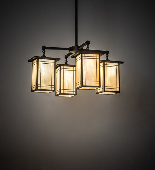 Meyda Lighting Prairie Mission 47" 4-Light Craftsman Brown Wright Chandelier With Beige Iridescent Shade Glass