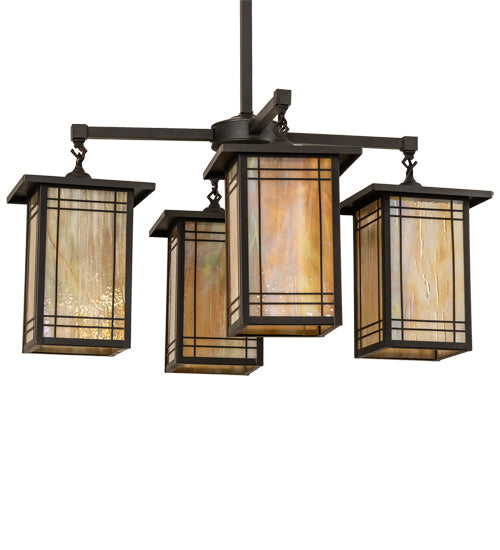 Meyda Lighting Prairie Mission 47" 4-Light Craftsman Brown Wright Chandelier With Beige Iridescent Shade Glass