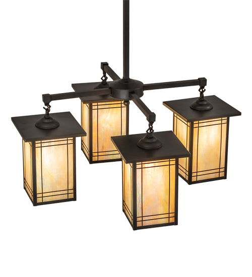 Meyda Lighting Prairie Mission 47" 4-Light Craftsman Brown Wright Chandelier With Beige Iridescent Shade Glass