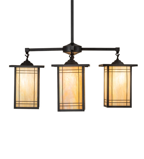Meyda Lighting Prairie Mission 47" 4-Light Craftsman Brown Wright Chandelier With Beige Iridescent Shade Glass