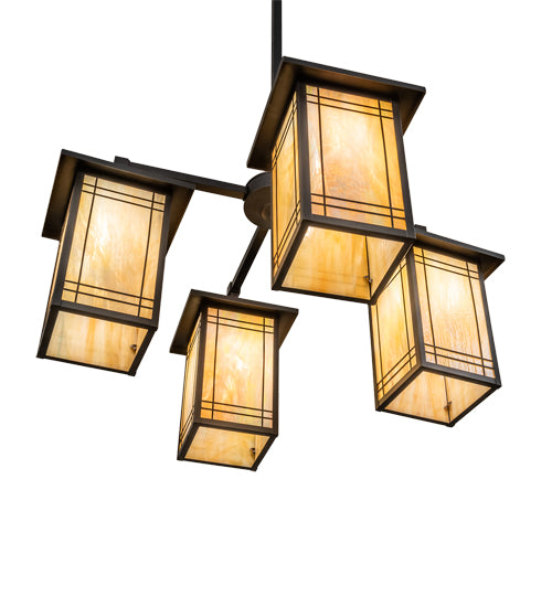 Meyda Lighting Prairie Mission 47" 4-Light Craftsman Brown Wright Chandelier With Beige Iridescent Shade Glass
