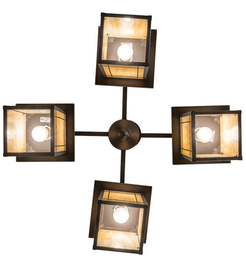 Meyda Lighting Prairie Mission 47" 4-Light Craftsman Brown Wright Chandelier With Beige Iridescent Shade Glass