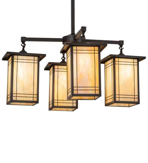Meyda Lighting Prairie Mission 47" 4-Light Craftsman Brown Wright Chandelier With Beige Iridescent Shade Glass