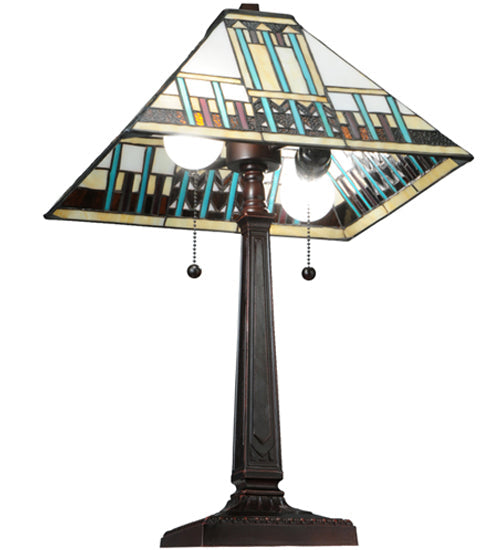 Meyda Lighting Prairie Peaks 23" 2-Light Mahogany Bronze Table Lamp With Multi-Colored Shade Glass