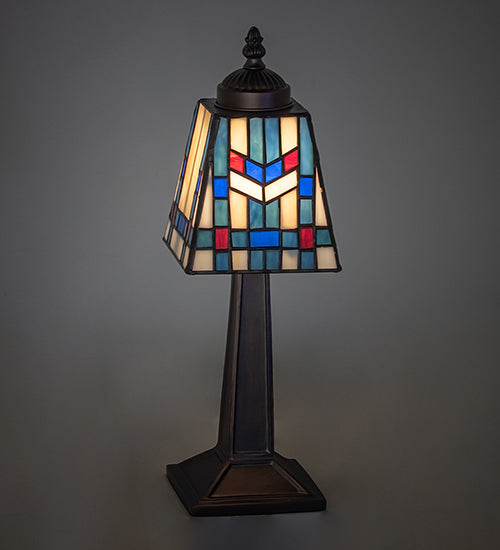 Meyda Lighting Prairie Wheat 10" Mahogany Bronze Mission Mini Table Lamp With Multi-Colored Stained Shade Glass