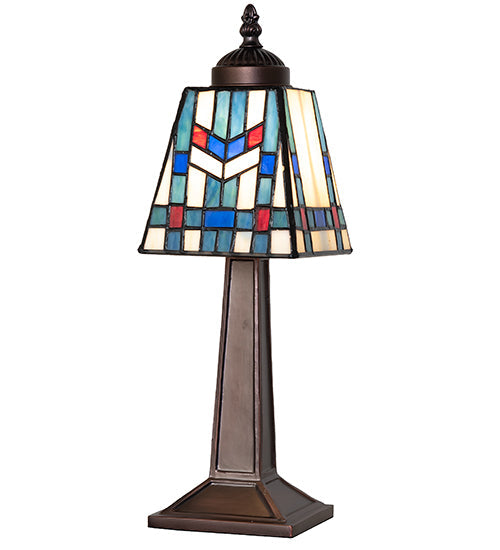 Meyda Lighting Prairie Wheat 10" Mahogany Bronze Mission Mini Table Lamp With Multi-Colored Stained Shade Glass