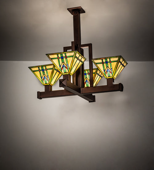 Meyda Lighting Prairie Wheat 32"Sq 4-Light Cinnamon Coffee Metallic Inverted Pendant Light With Multi-Colored Shade Glass