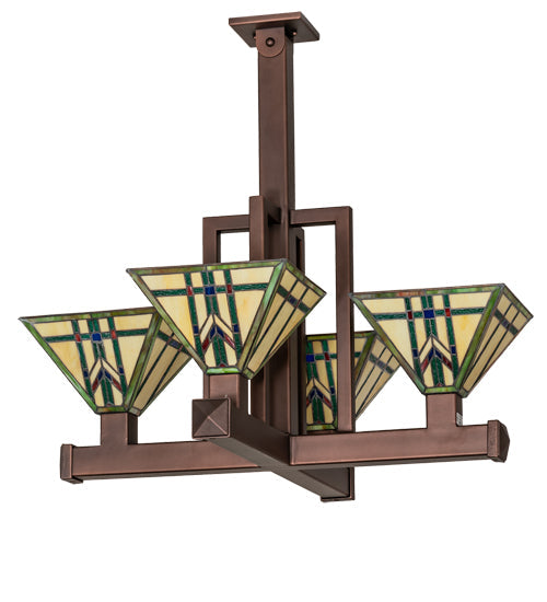 Meyda Lighting Prairie Wheat 32"Sq 4-Light Cinnamon Coffee Metallic Inverted Pendant Light With Multi-Colored Shade Glass