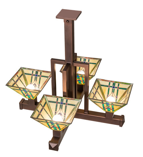 Meyda Lighting Prairie Wheat 32"Sq 4-Light Cinnamon Coffee Metallic Inverted Pendant Light With Multi-Colored Shade Glass