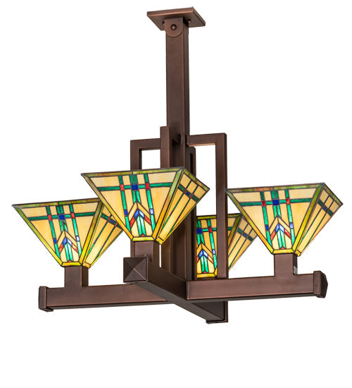 Meyda Lighting Prairie Wheat 32"Sq 4-Light Cinnamon Coffee Metallic Inverted Pendant Light With Multi-Colored Shade Glass