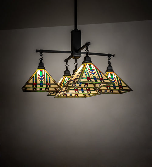 Meyda Lighting Prairie Wheat 54" 5-Light Craftsman Brown Chandelier With Multi-Colored Stained Shade Glass
