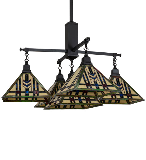 Meyda Lighting Prairie Wheat 54" 5-Light Craftsman Brown Chandelier With Multi-Colored Stained Shade Glass