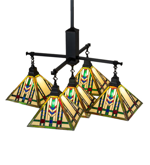 Meyda Lighting Prairie Wheat 54" 5-Light Craftsman Brown Chandelier With Multi-Colored Stained Shade Glass