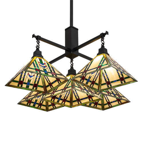 Meyda Lighting Prairie Wheat 54" 5-Light Craftsman Brown Chandelier With Multi-Colored Stained Shade Glass
