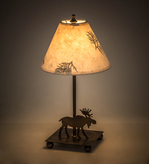 Meyda Lighting Pressed Foliage 15" Antique Copper Lone Moose Accent Table Lamp With Beige Shade Glass