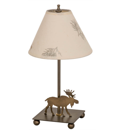 Meyda Lighting Pressed Foliage 15" Antique Copper Lone Moose Accent Table Lamp With Beige Shade Glass